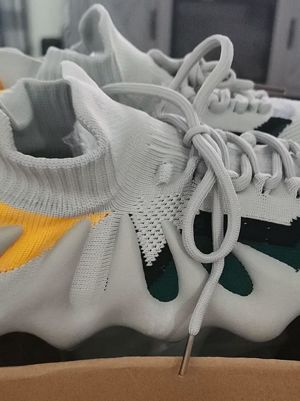 Light Gray Knit Athletic Sneakers with Yellow & Teal Accents